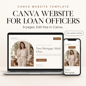 以下が含まれることがあります： 9ページのローンオフィサー向けCanvaウェブサイトテンプレート。ノートパソコンとスマートフォンに、Ava Monroe、Your Mortgage, Made Clear、Book A Callというテキストが表示されたウェブページのデザイン。NMLS対応のフッターラベルが含まれています。