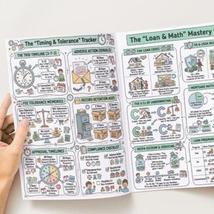 May include: An open educational guide titled The Timing & Tolerance Tracker and The Loan & Math Mastery. The pages feature colorful hand-drawn illustrations, diagrams, and text explaining mortgage lending timelines, loan codes, and underwriting.