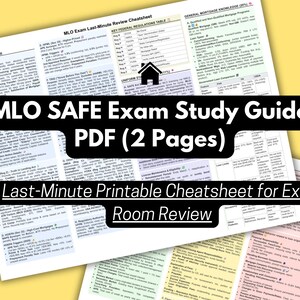 Puede incluir: Guías de estudio impresas con el texto "MLO SAFE Exam Study Guide PDF (2 Pages)" y "Last-Minute Printable Cheatsheet for Exam Room Review" en negro. Las guías contienen información detallada y regulaciones federales clave.