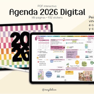 Puede incluir: Dos tabletas digitales que muestran una agenda digital de 2026. Una tableta muestra un diseño a cuadros de colores con los números 2026. La otra tableta muestra un diseño de calendario con el mes de enero. El texto "Agenda 2026 Digital" es visible.