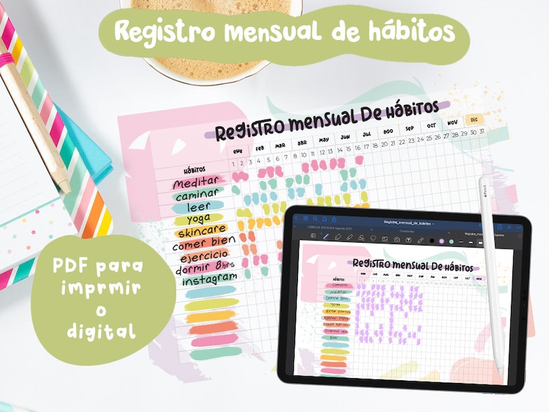 Plantilla de registro de hábitos PDF para imprimir o usar en digital imagen 1