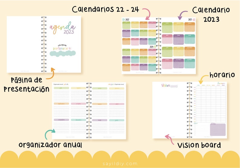 Agenda 2023 PDF para IMPRIMIR Tamaño final A5 o media carta Agenda Extendida 320 pág 380 stickers imagen 2