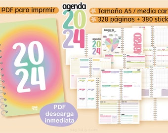Agenda 2024 | PDF para IMPRIMIR | Tamaño final A5 o media carta | Agenda Extendida 328 pág + 380 stickers