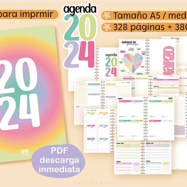 Agenda 2024 | PDF zum DRUCKEN | Endgültige Größe A5 oder halber Buchstabe | Erweiterte Agenda 328 Seiten + 380 Aufkleber