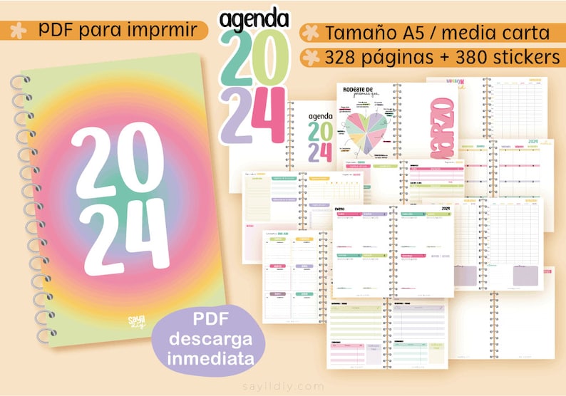 Agenda 2024 PDF to PRINT Final size A5 or half letter Extended Agenda 328 pages 380 stickers image 1