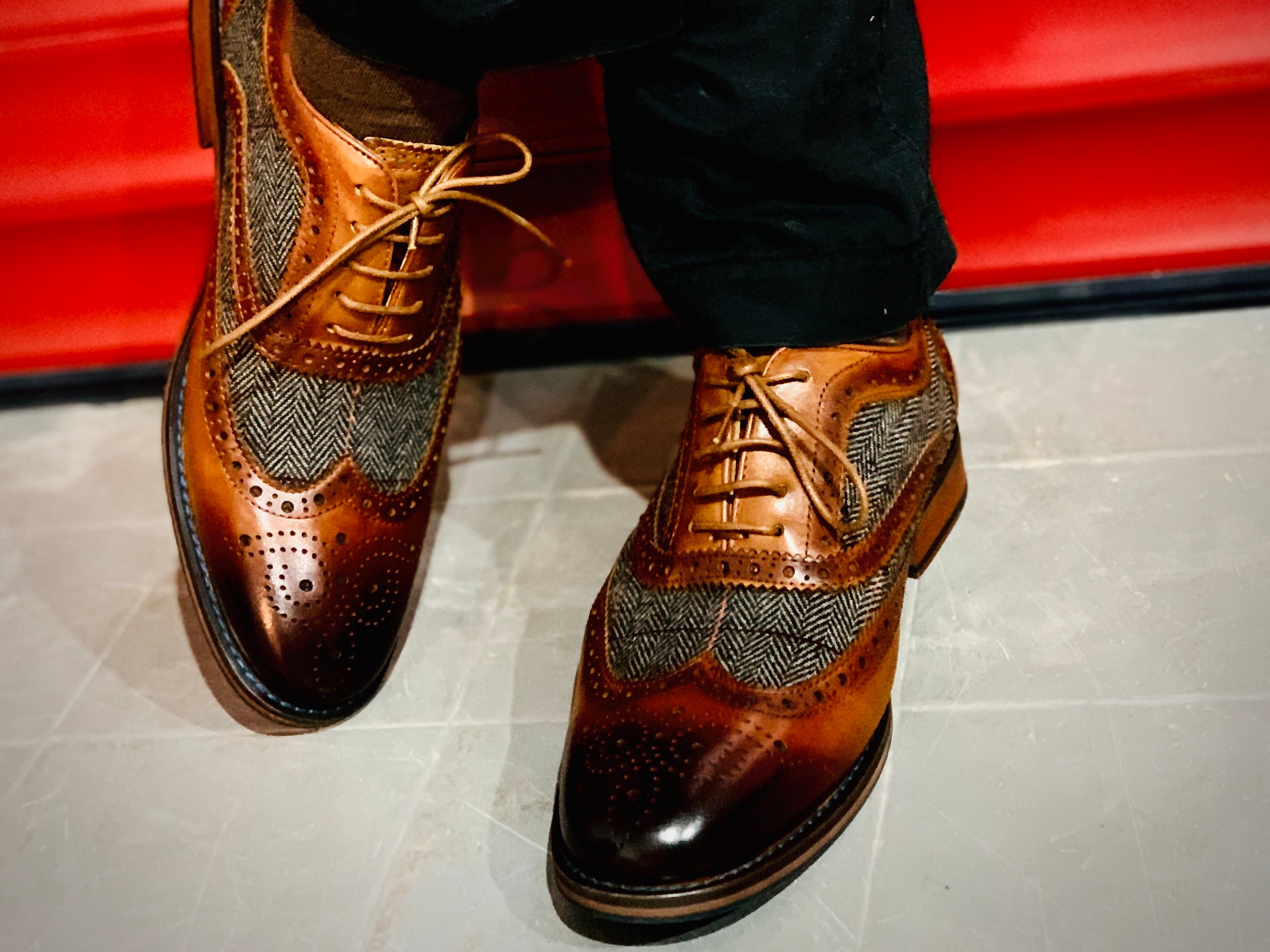 Hand Made Traditional Grey Tweed 2 Tone Leather Shoes Etsy