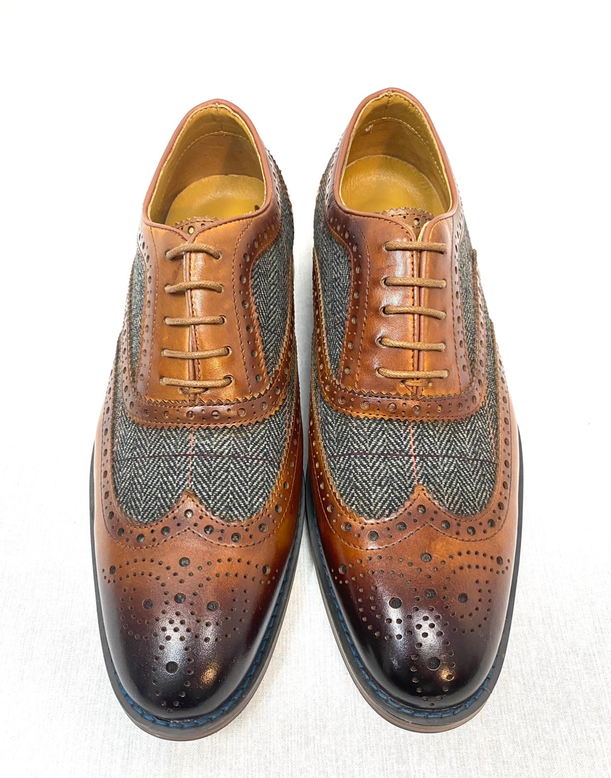 Hand Made Traditional Grey Tweed 2 Tone Leather Shoes Etsy