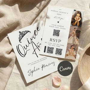 Minimalistisk Quinceanera-inbjudan med foto, Modern Quince Años-inbjudan, Digital QR-kod OSA, Redigerbar Canva Mall, Invitacion de Quince