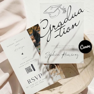 Minimalistyczne zaproszenie na ukończenie studiów do druku, klasa 2026, ogłoszenie o ukończeniu studiów ze zdjęciem, cyfrowy kolaż zdjęć Canva z kodem QR