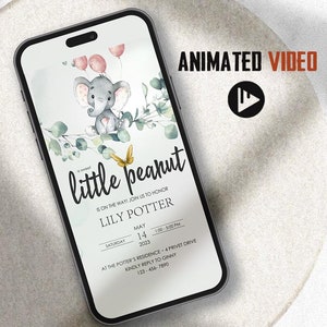 Convite em vídeo para chá de bebê, modelo para festa de aniversário, convite de elefante, modelo personalizado editável, cartão digital para celular, Little Peanut