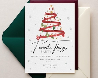 Op de afbeelding: Een uitnodiging voor een feestje met een kerstboomontwerp gemaakt van rood lint en feestelijke iconen. De uitnodiging luidt "Favorite Things Party" met evenementdetails en RSVP-informatie. Inclusief een donkergroene envelop.