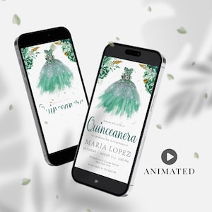 Quinceanera video invitation Sweet 16 Girl party animated 15th Birthday Quince anos Emerald Green Digital Editable Template Save the Date