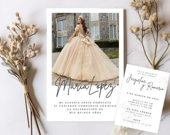 Puede incluir: Una invitación a una quinceañera con una foto de una joven con un vestido blanco. La invitación incluye el texto "Maria Lopez" y detalles sobre el evento, incluyendo la fecha, la hora y la ubicación. El texto "En la presencia de mis padres Jacqueline y Romario" también está incluido.