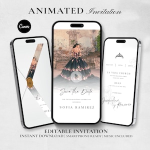 Puede incluir: Tres teléfonos inteligentes muestran una invitación digital animada para una Quinceañera. Las pantallas presentan un vestido de gala negro con detalles florales, un sobre con sello de cera y texto del evento incluyendo Sofia Ramirez.