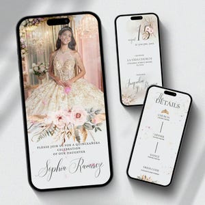 Quinceañera customizable video Invitation/Sweet 16 video template/Animated Biege with flowers Quince Anos/Princess Birthday Mobile Invite