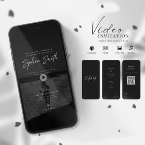 May include: A black and white video invitation displayed on a smartphone. The invitation includes the text "Video Invitation" and details for a birthday celebration, including the name "Sophia Smith". Additional cards for color, text, photo, and music are also shown.
