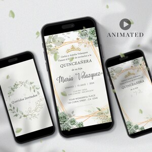 Quinceanera geanimeerde mobiele uitnodiging, digitale kweepeer Anos bloemenvideo, smaragdgroen verjaardagssjabloon, moderne bloem Save the Date Card