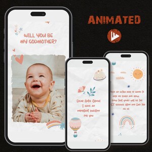 Voorstel peetouder, geanimeerde digitale video, doopvideo, sjabloonkaart, mobiele tekstuitnodiging doopsel tante, madrina battesimo