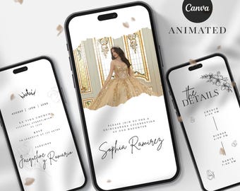 Animierte Quinceaños-Videoeinladung, Mis Quince Años Mobile Evite, Blush Pink Sweet 15 Birthday Template, Invitación Digital XV, Canva