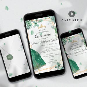 Girls Birthday Quinceanera video invitation Sweet 16 Party Emerald Green 15th Birthday Quince anos mobile template Custom Save the Date
