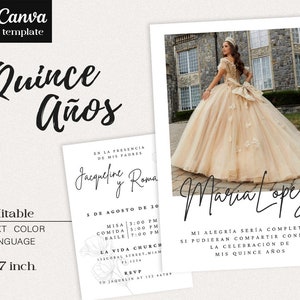 K&ouml;nnte beinhalten: Eine Quincea&ntilde;era-Einladungsvorlage mit einem Foto einer jungen Frau in einem goldenen Kleid. Der Text lautet "Quince A&ntilde;os" und enth&auml;lt Details zur Veranstaltung, wie Datum, Uhrzeit und Ort. Die Vorlage ist editierbar, sodass Sie die Textfarbe und die Sprache anpassen k&ouml;nnen.
