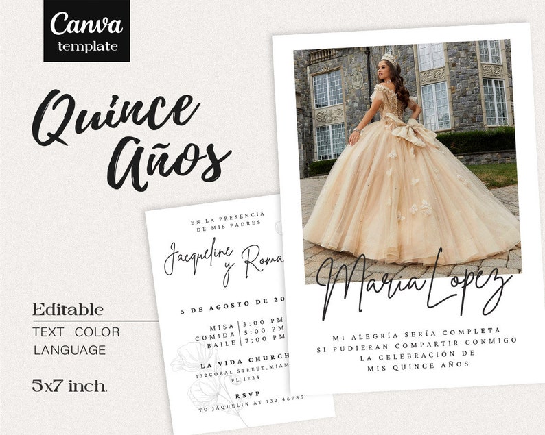 K&ouml;nnte beinhalten: Eine Quincea&ntilde;era-Einladungsvorlage mit einem Foto einer jungen Frau in einem goldenen Kleid. Der Text lautet "Quince A&ntilde;os" und enth&auml;lt Details zur Veranstaltung, wie Datum, Uhrzeit und Ort. Die Vorlage ist editierbar, sodass Sie die Textfarbe und die Sprache anpassen k&ouml;nnen.