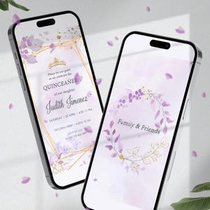 Quinceanera geanimeerde mobiele uitnodiging/digitale kweepeer Anos bloemen video/lila paarse verjaardag sjabloon/Save the Date Card/bewerkbare Sweet 16