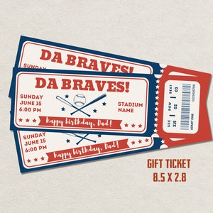 Atlanta bearbeitbare Baseballticketvorlage, Überraschung benutzerdefiniertes Baseballticketgeschenk, druckbare Geschenkidee Eventticketgeschenk, Braves, Sportticket