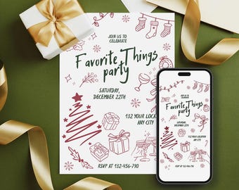 May include: An invitation card and smartphone screen displaying a "Favorite Things party" design. The design includes illustrations of gifts, a Christmas tree, and stockings in burgundy and green. A wrapped gift and gold ribbon are also present.