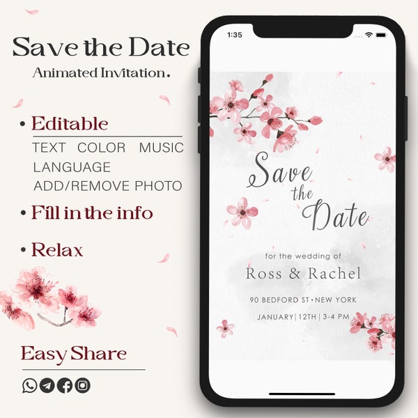 Cherry Blossom Invitation, Save The Date E-Card, Minimalist Video Invitation, Elegant Wedding invitation, Digital Card, First communion