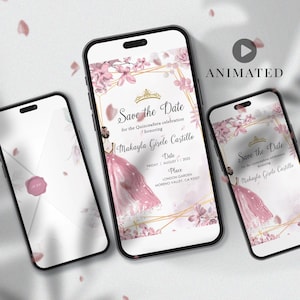 Quinceanera video-uitnodiging digitale kweepeer Anos uitnodiging roségoud Blush roze verjaardagssjabloon opslaan deze datum geanimeerd mobiel aanpassen