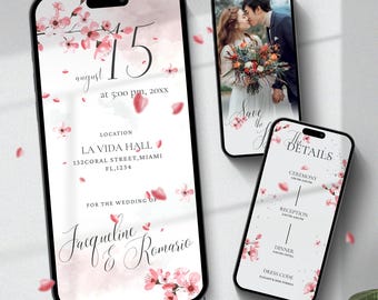 May include: A wedding invitation suite with a pink and white floral design. The invitation card features the date "August 15" and the time "5:00 pm, 20XX". The location is "LA VIDA HALL, 132 CORAL STREET, MIAMI, FL, 1234". The invitation is for the wedding of Jacqueline and Romario. The save the date card features a photo of a couple kissing. The details card lists the ceremony, reception, dinner, and dress code.