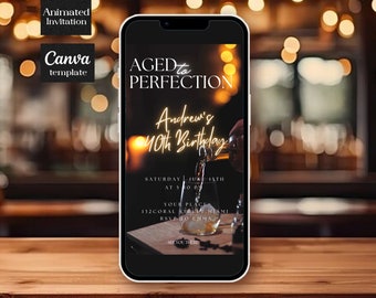 May include: A black and gold animated invitation for a 40th birthday party. The invitation reads "Aged to Perfection" and "Andrew's 40th Birthday". The invitation includes the date, time, location, and RSVP information.