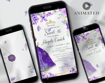 Lila Blumen Quinceaña Video Einladung | Animierte Sweet 15 Einladung (Digitaler Download)