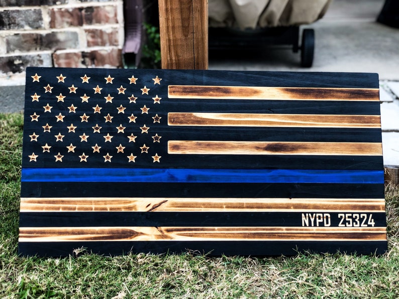 Personalized Wood Thin Blue Line Flag Wall Art Police Wooden Etsy