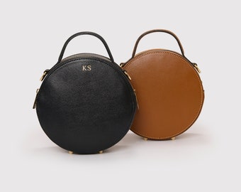 Personalised Circular Leather Bag, Round Shape Crossbody Bag