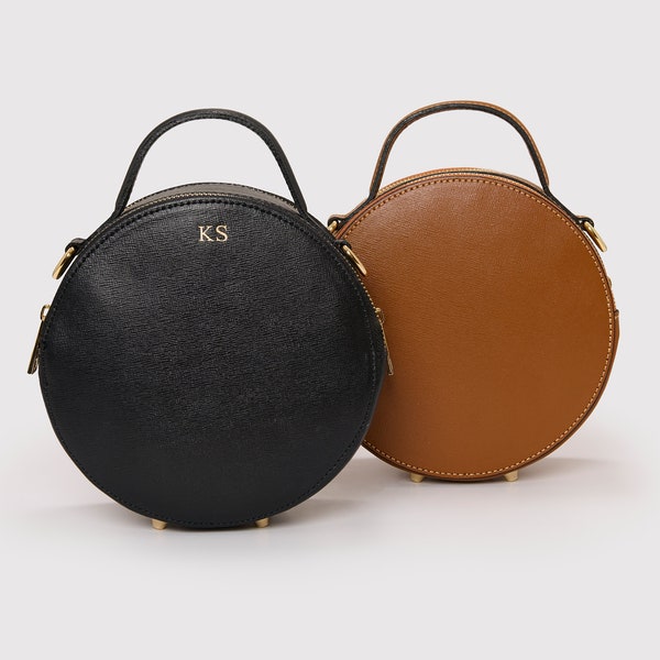 Personalised Circular Leather Bag, Round Shape Crossbody Bag