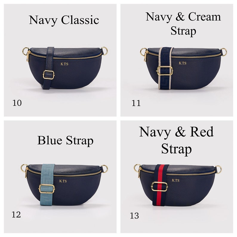 K&ouml;nnte beinhalten: Vier halbmondf&ouml;rmige Umh&auml;ngetaschen in Marineblau mit goldfarbenen Rei&szlig;verschl&uuml;ssen und Beschl&auml;gen. Jede Tasche tr&auml;gt die goldgepr&auml;gten Buchstaben KTS. Die Riemen variieren: marineblaues Leder, marineblau-creme, hellblau sowie marineblau-rot.