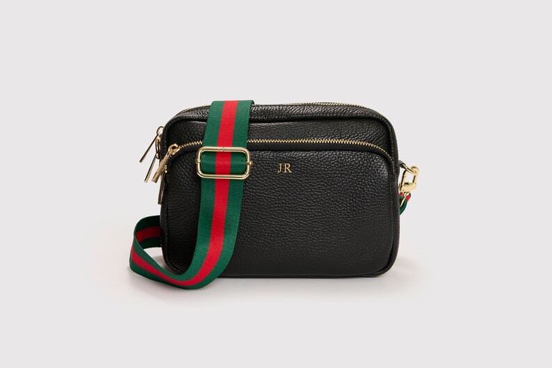 Crossbody Bag Leather Crossbody Bag Black with Red&Green