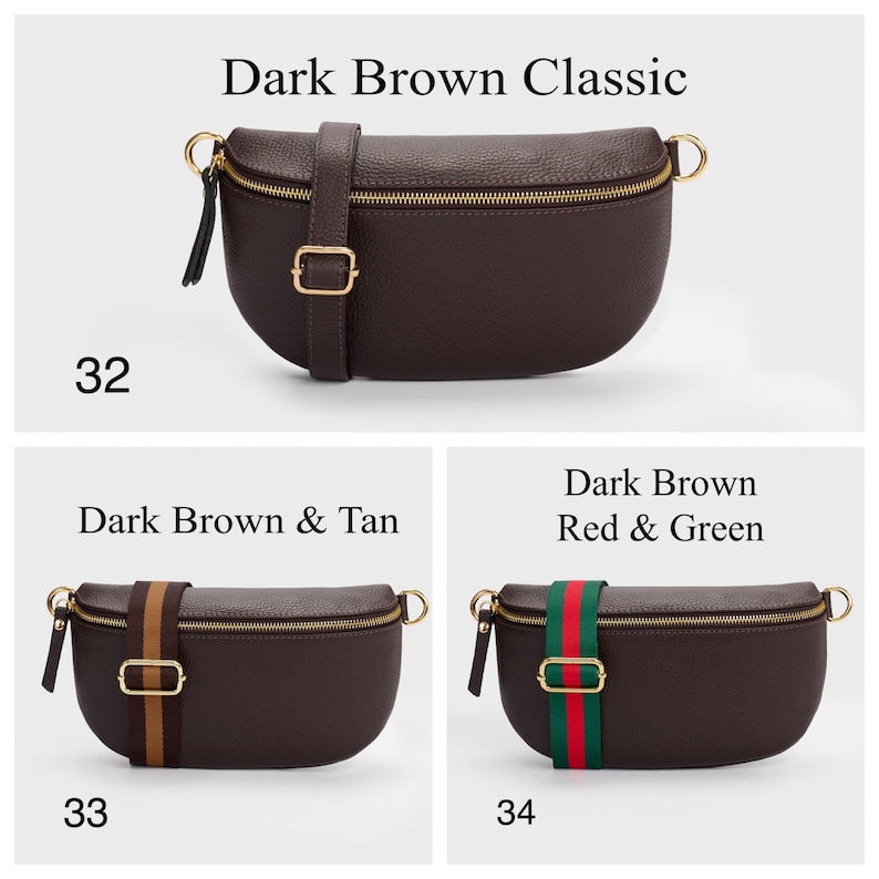 K&ouml;nnte beinhalten: Drei halbmondf&ouml;rmige Umh&auml;ngetaschen mit goldfarbenen Rei&szlig;verschl&uuml;ssen und Beschl&auml;gen. Nummer 32 ist als Dark Brown Classic beschriftet. Nummer 33 ist Dark Brown & Tan mit einem gestreiften Riemen. Nummer 34 ist Dark Brown Red & Green mit einem gestreiften Riemen.