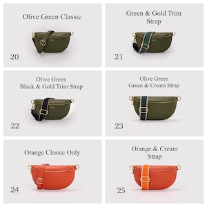 K&ouml;nnte beinhalten: Eine Sammlung von sechs halbmondf&ouml;rmigen Umh&auml;ngetaschen, nummeriert von 20 bis 25. Die Taschen sind olivgr&uuml;n oder orange mit verschiedenen einfarbigen oder gemusterten Riemen, goldenen Beschl&auml;gen und dem Monogramm KTS auf den olivgr&uuml;nen Taschen.