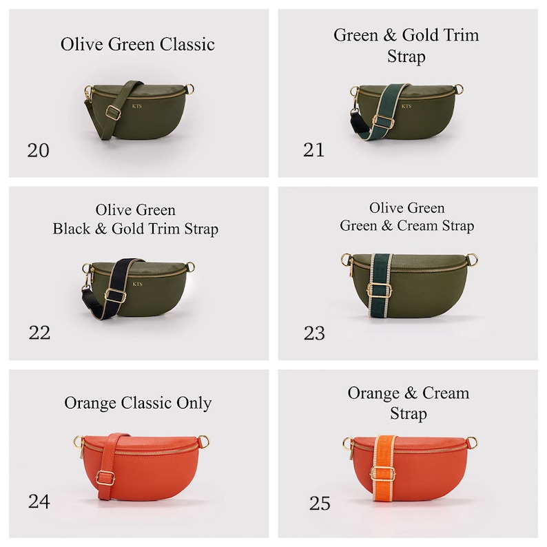 K&ouml;nnte beinhalten: Eine Sammlung von sechs halbmondf&ouml;rmigen Umh&auml;ngetaschen, nummeriert von 20 bis 25. Die Taschen sind olivgr&uuml;n oder orange mit verschiedenen einfarbigen oder gemusterten Riemen, goldenen Beschl&auml;gen und dem Monogramm KTS auf den olivgr&uuml;nen Taschen.