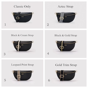 K&ouml;nnte beinhalten: Sechs schwarze, halbmondf&ouml;rmige Umh&auml;ngetaschen mit goldenen Rei&szlig;verschl&uuml;ssen und personalisierten Initialen. Jede Tasche hat einen anderen Riemen: schlicht schwarz, Aztekenmuster, schwarz-creme, schwarz-gold, Leopardenmuster und schwarz mit Goldrand.
