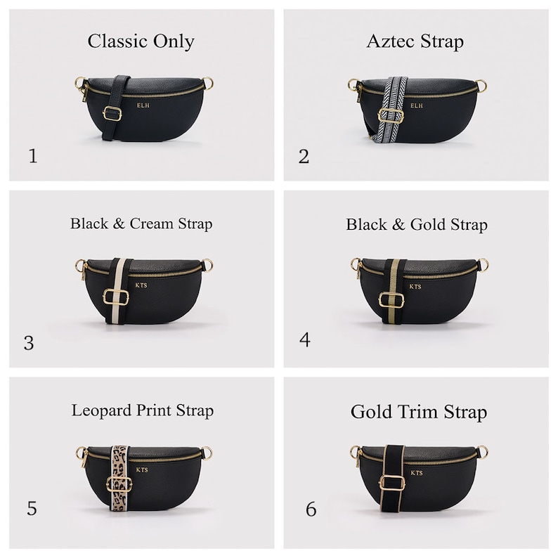 K&ouml;nnte beinhalten: Sechs schwarze, halbmondf&ouml;rmige Umh&auml;ngetaschen mit goldenen Rei&szlig;verschl&uuml;ssen und personalisierten Initialen. Jede Tasche hat einen anderen Riemen: schlicht schwarz, Aztekenmuster, schwarz-creme, schwarz-gold, Leopardenmuster und schwarz mit Goldrand.