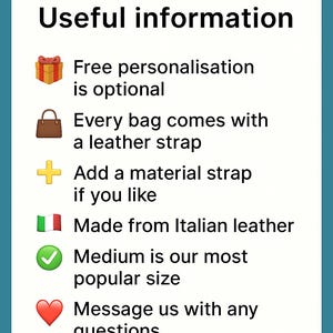 K&ouml;nnte beinhalten: Ein wei&szlig;es Informationsschild mit t&uuml;rkisfarbenem Rand und dem Text Melo. Useful information. Symbole wie ein Geschenk, eine braune Handtasche, ein gelbes Pluszeichen, die italienische Flagge, ein gr&uuml;ner Haken und ein rotes Herz.