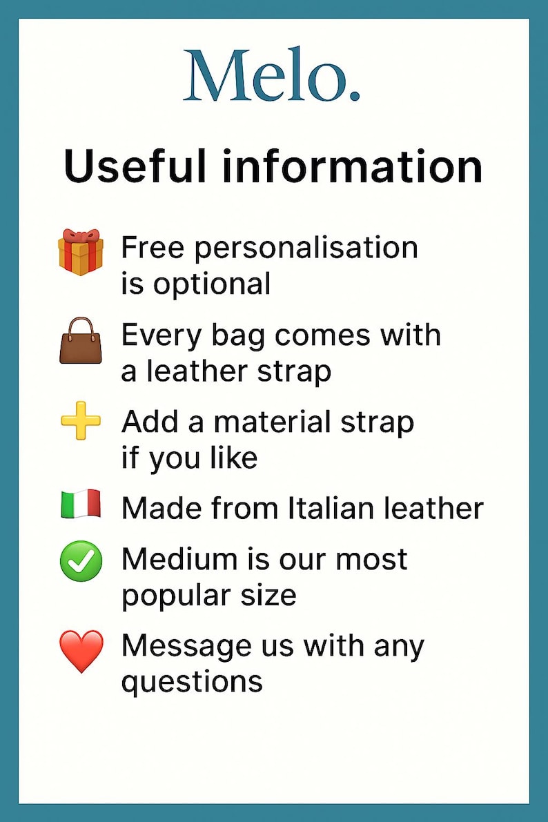 K&ouml;nnte beinhalten: Ein wei&szlig;es Informationsschild mit t&uuml;rkisfarbenem Rand und dem Text Melo. Useful information. Symbole wie ein Geschenk, eine braune Handtasche, ein gelbes Pluszeichen, die italienische Flagge, ein gr&uuml;ner Haken und ein rotes Herz.