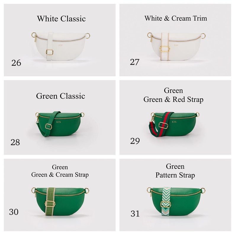 K&ouml;nnte beinhalten: Eine Kollektion von sechs halbmondf&ouml;rmigen G&uuml;rteltaschen in Wei&szlig; und Gr&uuml;n, jeweils mit goldenem Rei&szlig;verschluss, goldfarbenen Beschl&auml;gen und verstellbarem Riemen. Die Taschen sind von 26 bis 31 nummeriert und umfassen einfarbige Modelle, Varianten mit cremefarbenem Besatz, rot-gr&uuml;nen Streifen sowie gemusterten Riemen.