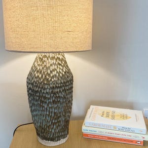 May include: A ceramic lamp with a textured, brown and white base and a beige linen lampshade. Three books are stacked on a wooden surface below the lamp. The book titles are "When the Body Says No", "It Didn't Start With You", and "The Body Keeps the Score".