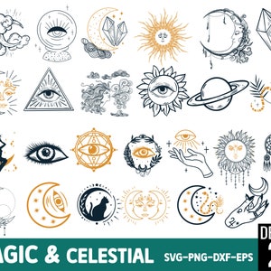 25 Tarot Magical Evil Eye SVG, Moon and Stars, magical SVG PNG, Celestial Magical Bundle, Witchcraft Bundle, Tarot Cards, Black Cat, Tarot
