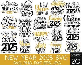 NIEUWJAAR Svg-bundel, Happy New Years 2025 SVG, Print on Demand, Nieuwjaar Png, shirt, Svg-bestanden voor circuit, sublimatie ontwerpen downloads